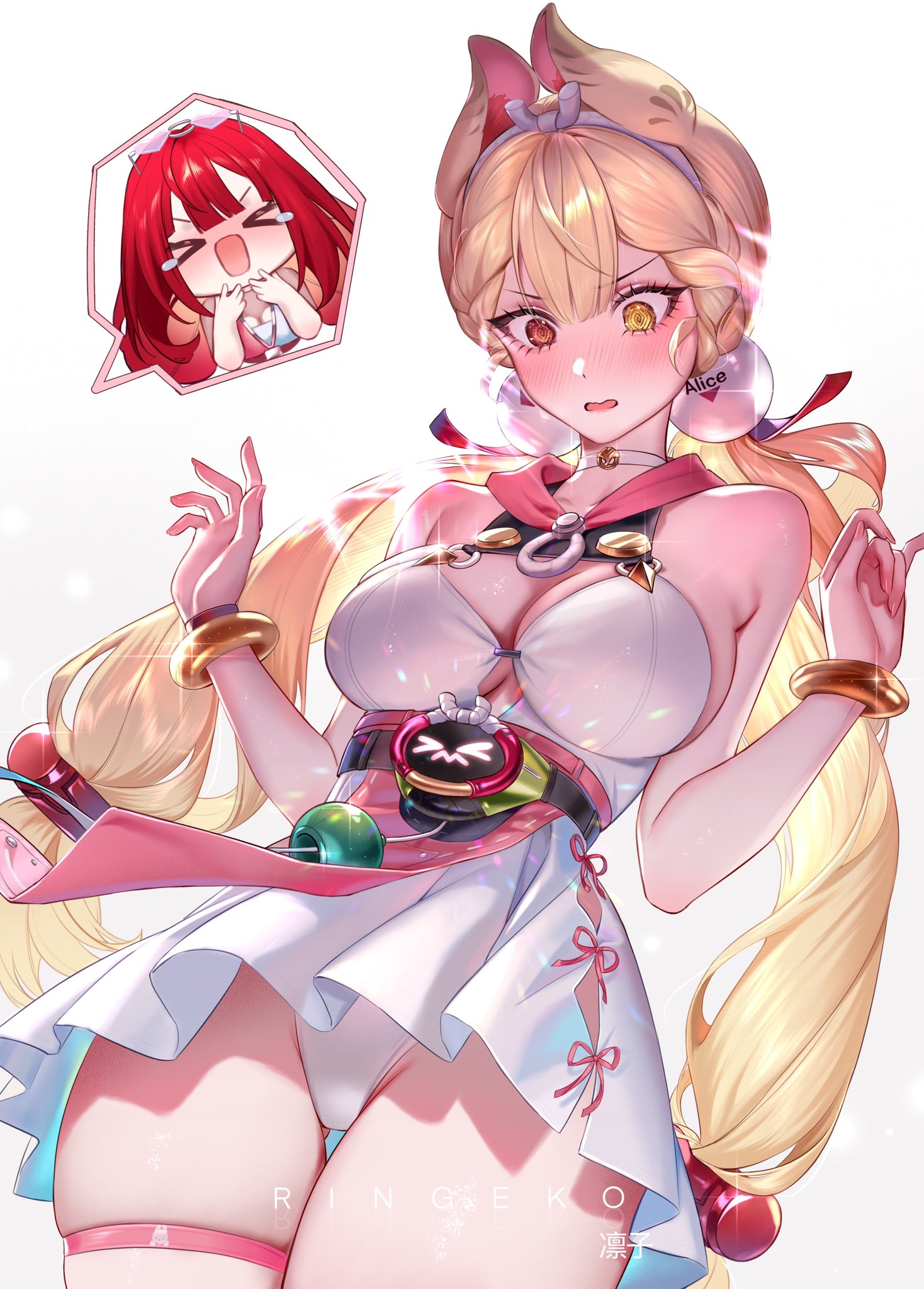 ringeko-chan, alice thymefield, alice thymefield (sea of thyme), ukinami yuzuha, ukinami yuzuha (tanuki in broad daylight), zenless zone zero, commentary, english commentary, highres, > <, 2girls, @ @, animal ears, artist name, bare shoulders, blonde hair, blush, bracelet, braid, breasts, cleavage, collarbone, cowboy shot, dress, fingernails, gradient background, grey background, hair ornament, hairband, hands up, heterochromia, jewelry, laughing, long hair, looking down, low twintails, medium breasts, multiple girls, official alternate costume, one-piece swimsuit, open mouth, rabbit ears, rabbit girl, red eyes, red hair, solo focus, sphere hair ornament, swimsuit, tears, thigh gap, thigh strap, thighs, twintails, very long hair, white background, white dress, white hairband, yellow eyes