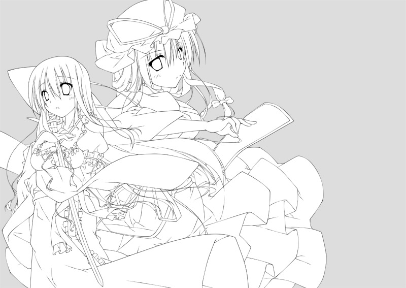 t-ray, saigyouji yuyuko, yakumo yukari, touhou, 2girls, female focus, greyscale, hat, monochrome, multiple girls, simple background, sword, weapon