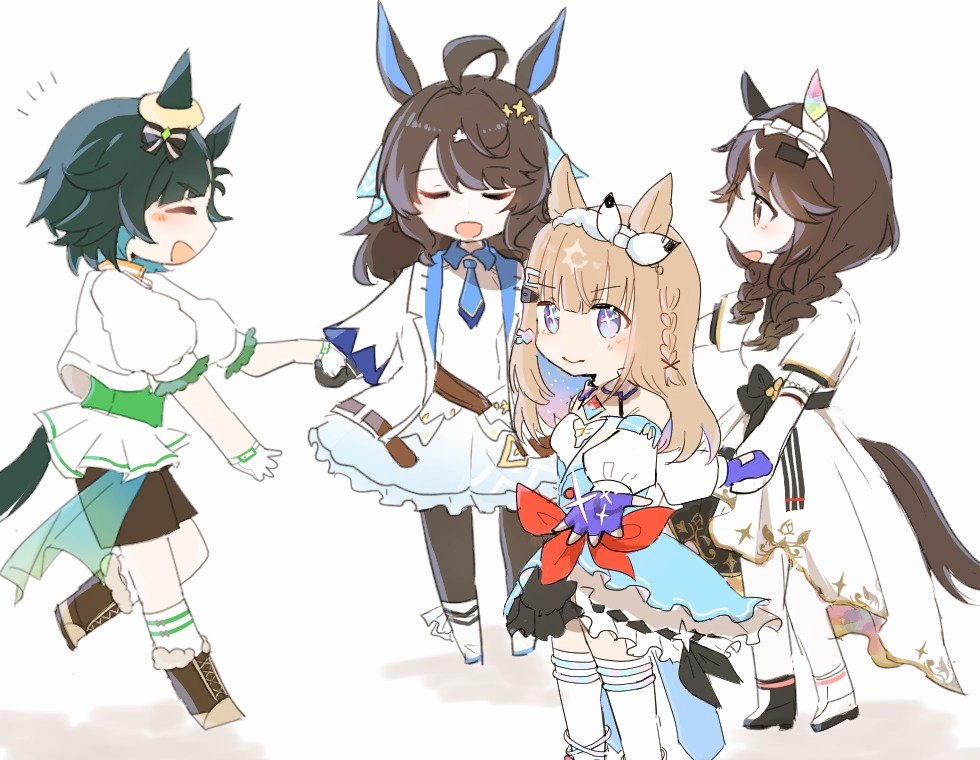 d6pvxvigzl45771, almond eye (umamusume), curren bouquetd'or (umamusume), daring tact (umamusume), umamusume, commentary, english commentary, 4girls, ahoge, animal ears, braid, brown hair, chibi, closed eyes, detached sleeves, fingernails, gloves, hairband, kiseki (umamusume), long hair, multiple girls, pantyhose, reaching, reaching towards viewer, standing, thighhighs, white background