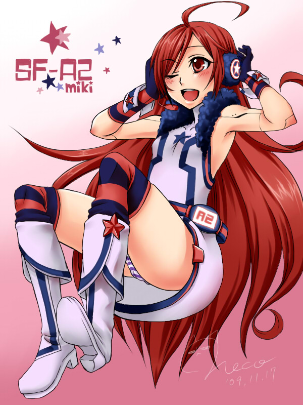 nekomaru rentarou, sf-a2 miki, vocaloid, bad id, bad pixiv id, 1girl, ahoge, belt, blush, boots, dress, female focus, gloves, headphones, headset, kneehighs, long hair, one eye closed, panties, red eyes, red hair, socks, solo, star (symbol), striped clothes, striped gloves, striped panties, striped socks, striped thighhighs, thighhighs, underwear, very long hair, wink, wrist cuffs