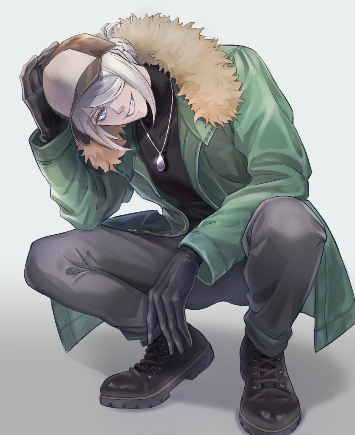 mitama (mokochiko), volo (pokemon), nintendo, pokemon, pokemon legends: arceus, commentary request, highres, 1boy, baseball cap, black boots, boots, coat, full body, fur-trimmed coat, fur trim, green coat, grey hair, grin, hair bun, hair over one eye, hat, jewelry, long sleeves, looking at viewer, male focus, necklace, single hair bun, smile, solo, squatting