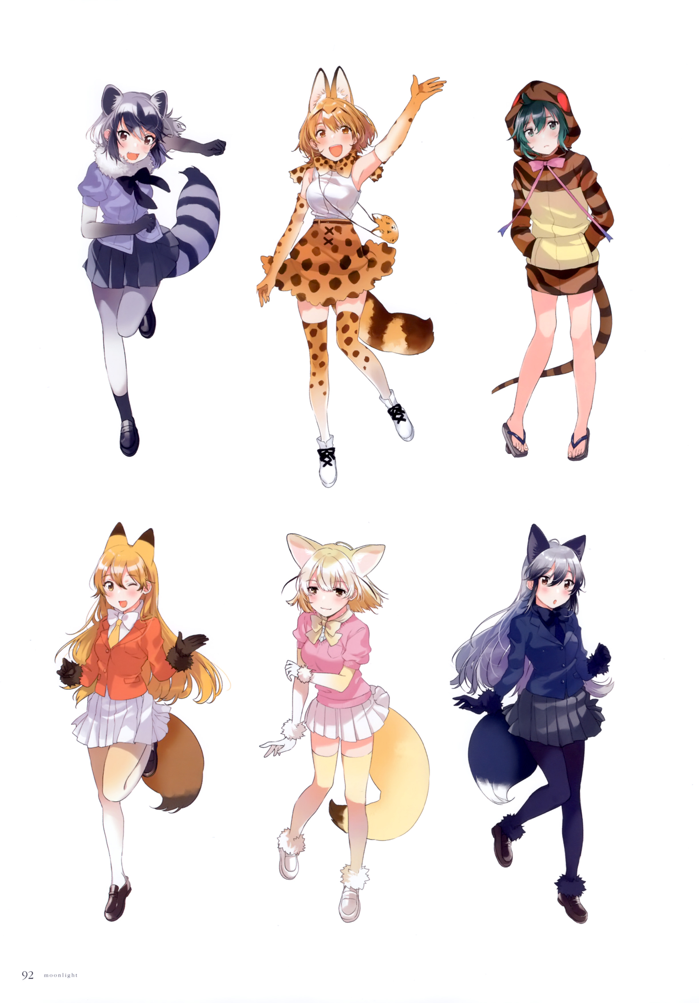 fly (marguerite), common raccoon (kemono friends), ezo red fox (kemono friends), fennec (kemono friends), serval (kemono friends), silver fox (kemono friends), tsuchinoko (kemono friends), kemono friends, absurdres, highres, non-web source, official art, 6+girls, animal ears, bag, blonde hair, bow, bowtie, cardigan, cat ears, cat girl, cat tail, elbow gloves, extra ears, fox ears, fox girl, fox tail, full body, geta, gloves, green hair, grey hair, hood, hoodie, jacket, long hair, looking at viewer, multiple girls, neck ribbon, necktie, orange hair, pantyhose, raccoon ears, raccoon girl, raccoon tail, ribbon, shirt, shoes, short hair, shoulder bag, simple background, skirt, sleeveless, sleeveless shirt, snake girl, snake tail, tail, thighhighs