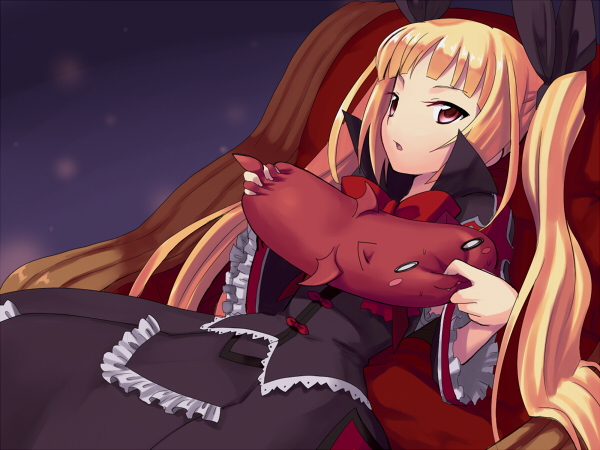 kiyoshi saya, gii, rachel alucard, arc system works, blazblue, bad id, bad pixiv id, bat (animal), blonde hair, dress, frills, gothic lolita, hair ribbon, lolita fashion, long hair, red eyes, ribbon, solo, twintails, vampire