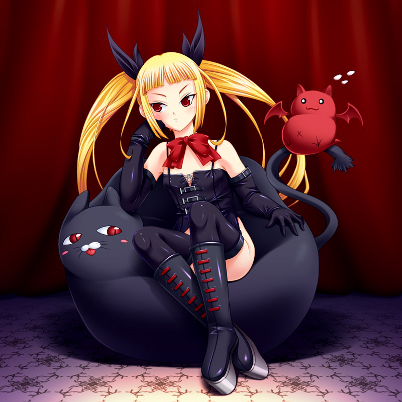 m maitake, gii, nago, rachel alucard, arc system works, blazblue, bad id, bad pixiv id, 1girl, :3, bat (animal), blonde hair, blush, cat, female focus, long hair, platform shoes, red eyes, ribbon, shoes, sitting, solo, tail, twintails