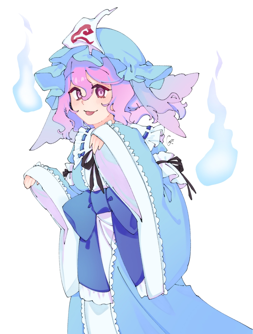 fujimugi, saigyouji yuyuko, touhou, commentary request, highres, 1girl, :p, black ribbon, blue hat, blue kimono, frilled kimono, frills, ghost pose, hat, hitodama, japanese clothes, kimono, long sleeves, looking at viewer, mob cap, neck ribbon, pink eyes, pink hair, ribbon, signature, simple background, sleeve garter, smile, solo, tongue, tongue out, triangular headpiece, white background, wide sleeves