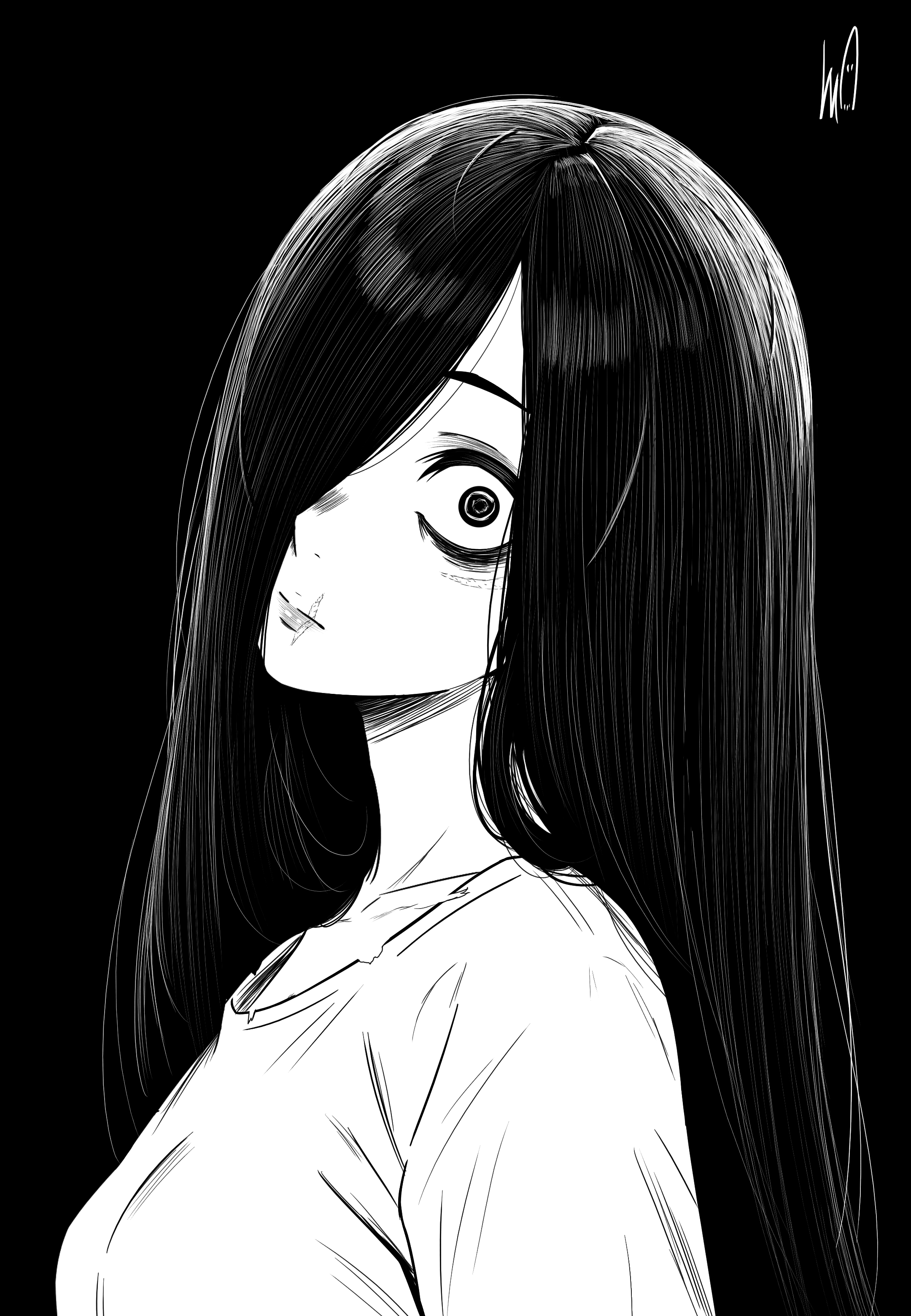 lughost, yamamura sadako, the ring, absurdres, commentary, highres, 1girl, bags under eyes, black background, closed mouth, ghost girl, greyscale, hair over one eye, long hair, looking at viewer, monochrome, scar, scar on face, scar on mouth, shirt, signature, simple background, solo, upper body, wide-eyed