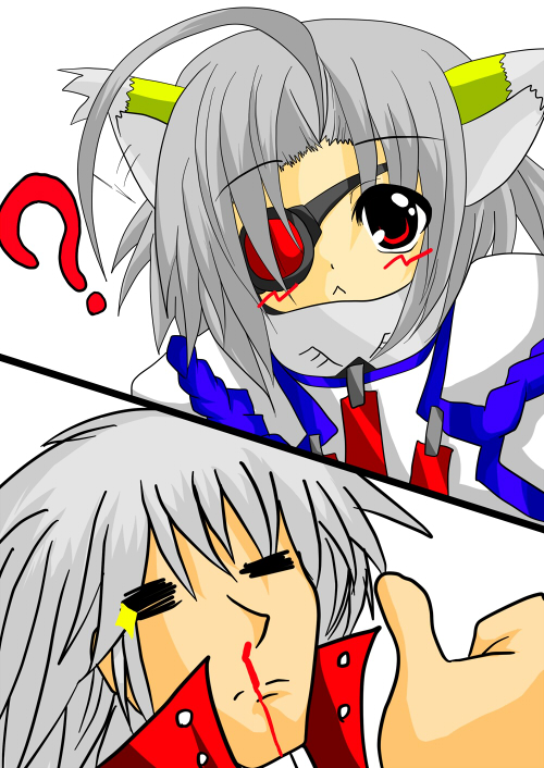 pkokok, nu-13, ragna the bloodedge, arc system works, blazblue, bad id, bad pixiv id, 1boy, :<, = =, ahoge, animal ears, blood, blush, braid, cat ears, eyepatch, grey hair, nosebleed, red eyes, single braid, thumbs up