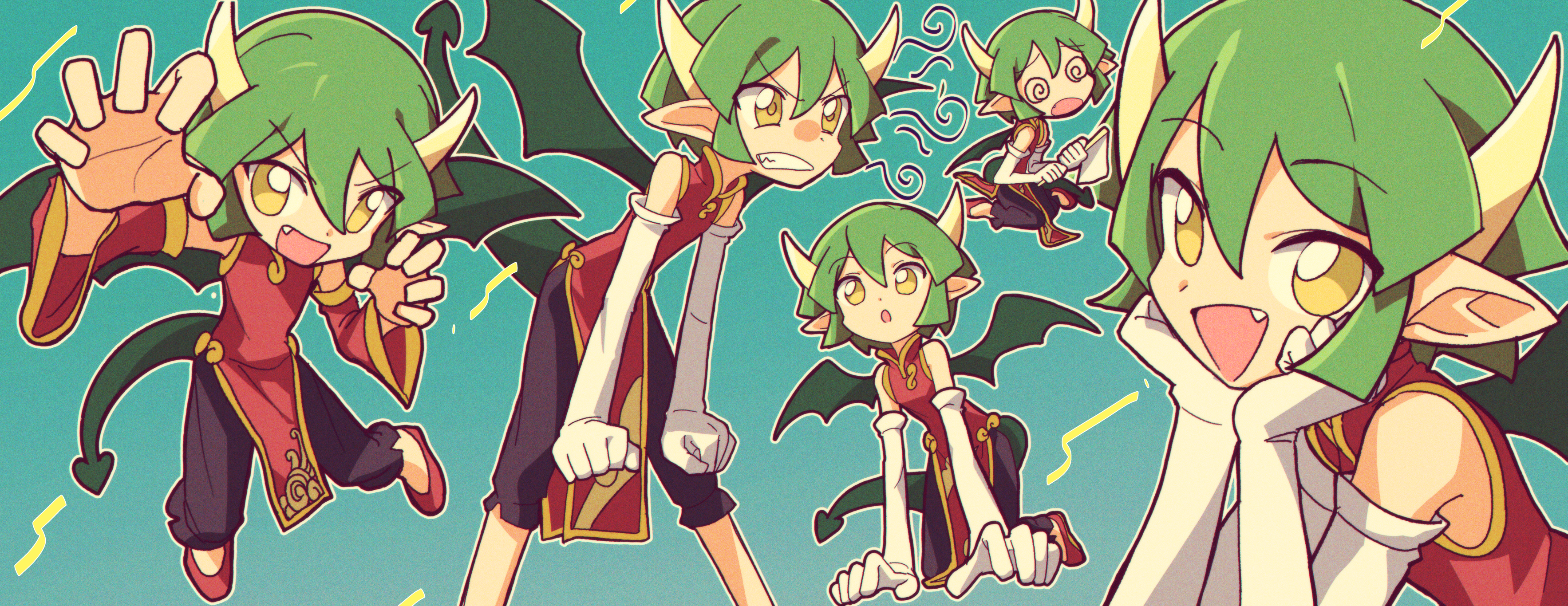 nzeneee, draco centauros, madou monogatari, puyopuyo, absurdres, commentary request, highres, 1girl, :d, :o, @ @, bare shoulders, black pants, blue background, china dress, chinese clothes, clenched teeth, detached sleeves, dragon horns, dragon tail, dragon wings, dress, elbow gloves, fang, flag, gloves, green hair, hair between eyes, holding, holding flag, horns, looking at viewer, multiple views, open mouth, pants, pointy ears, red dress, red shoes, shoes, short hair, smile, tail, teeth, white gloves, wings, yellow eyes