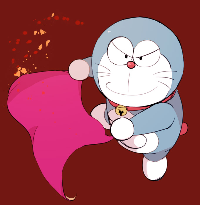 rawan, doraemon (character), doraemon, bad id, bad pixiv id, bell, collar, creature, jingle bell, looking at viewer, neck bell, no humans, non-humanoid robot, robot, simple background, solid circle eyes, solo, towel, whiskers