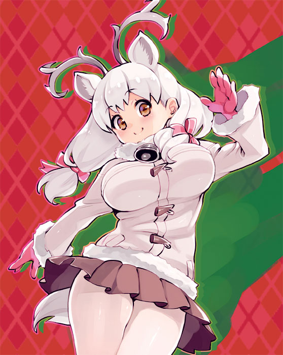 ryoji (nomura ryouji), white reindeer (kemono friends), kemono friends, commentary request, 1girl, animal ears, antlers, bell, bow, brown eyes, brown skirt, coat, cowboy shot, deer ears, deer tail, extra ears, fur collar, fur trim, gloves, hair bow, horns, long hair, long sleeves, neck bell, pantyhose, pink bow, pink gloves, pleated skirt, reindeer antlers, reindeer girl, skirt, smile, solo, tail, twintails, white coat, white fur, white hair, white pantyhose, winter clothes, winter coat