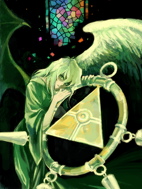 jongo (alzero), bakura ryou, change of heart, yu-gi-oh!, yu-gi-oh! duel monsters, yuu-gi-ou, 1boy, androgynous, angel, angel wings, church, demon, demon wings, duel monster, male focus, solo, tegaki, wings