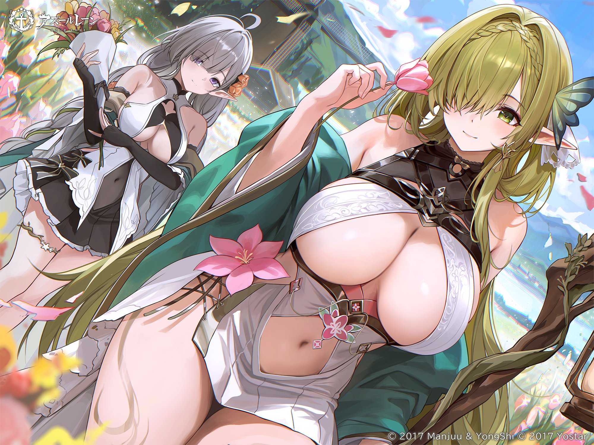 re0n, de zeven provincien (azur lane), evertsen (azur lane), azur lane, commentary request, highres, second-party source, 2girls, ahoge, black gloves, black skirt, blue sky, blurry, blurry background, blurry foreground, bouquet, braid, breasts, cleavage, closed mouth, cloud, copyright name, covered navel, day, dress, elbow gloves, fingerless gloves, flower, gloves, green eyes, green hair, grey hair, hair flower, hair intakes, hair ornament, hair over one eye, holding, holding bouquet, holding flower, holding staff, jewelry, large breasts, long hair, long sleeves, looking at viewer, low twin braids, multiple girls, navel, outdoors, petals, pink flower, pleated skirt, purple eyes, skirt, sky, staff, thigh gap, thighlet, thighs, twin braids, very long hair, white dress, wide sleeves, windmill