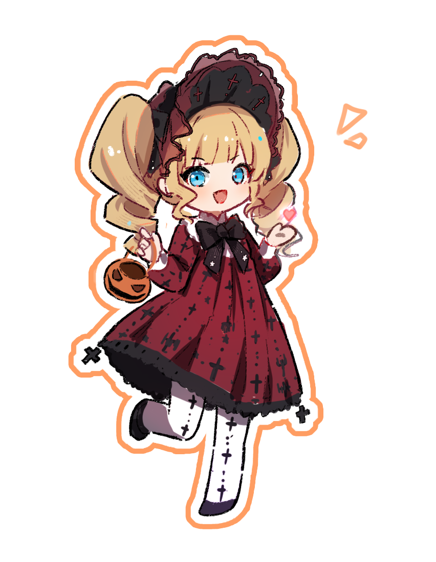 cherilynorz, original, chinese commentary, commentary request, 1girl, bib collar, black bonnet, black bow, black bowtie, black shoes, blonde hair, blue eyes, blunt bangs, bonnet, bow, bowtie, bucket, classic lolita, collared dress, cross, cross print, deformed, dress, drill hair, eyelashes, fang, flats, frilled dress, frilled headwear, frills, full body, halloween, halloween bucket, happy, heart, holding, holding bucket, leg up, light blush, light particles, lipstick, lolita fashion, long hair, long sleeves, looking at viewer, makeup, medium dress, notice lines, object floating above hand, open mouth, outline, pantyhose, pleated dress, print dress, print headwear, print pantyhose, puffy long sleeves, puffy sleeves, red dress, red lips, shoes, simple background, smile, solo, twin drills, twintails, white background, white outline, white pantyhose