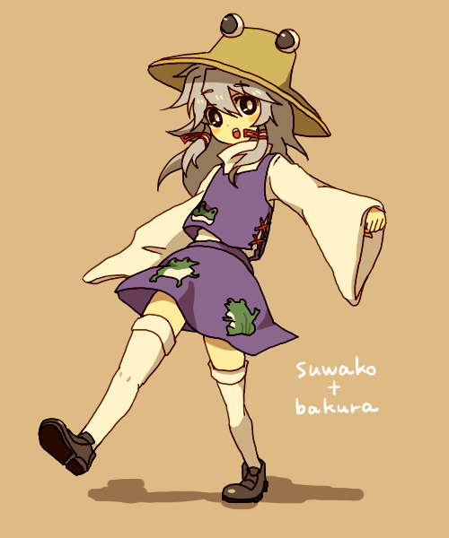 uyutan, bakura ryou, moriya suwako, touhou, yu-gi-oh!, yu-gi-oh! duel monsters, silver hair, 1girl, androgynous, crossdressing, crossdressing (ftm), crossdressing (mtf), female focus, frog, fusion, hat, male focus, shoes, solo, thighhighs, white thighhighs, zettai ryouiki