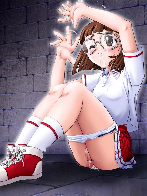 d-ten, yanagisawa naoko, cardcaptor sakura, 1990s (style), 1girl, against wall, alley, blush, brown eyes, brown hair, censored, cheerleader, cum, cum in pussy, cum on body, cum on eyewear, facial, female focus, glasses, indoors, loli, miniskirt, mosaic censoring, on floor, one eye closed, panties, panty pull, pointless censoring, retro artstyle, round eyewear, shoes, short hair, sitting, skirt, sneakers, socks, solo, underwear