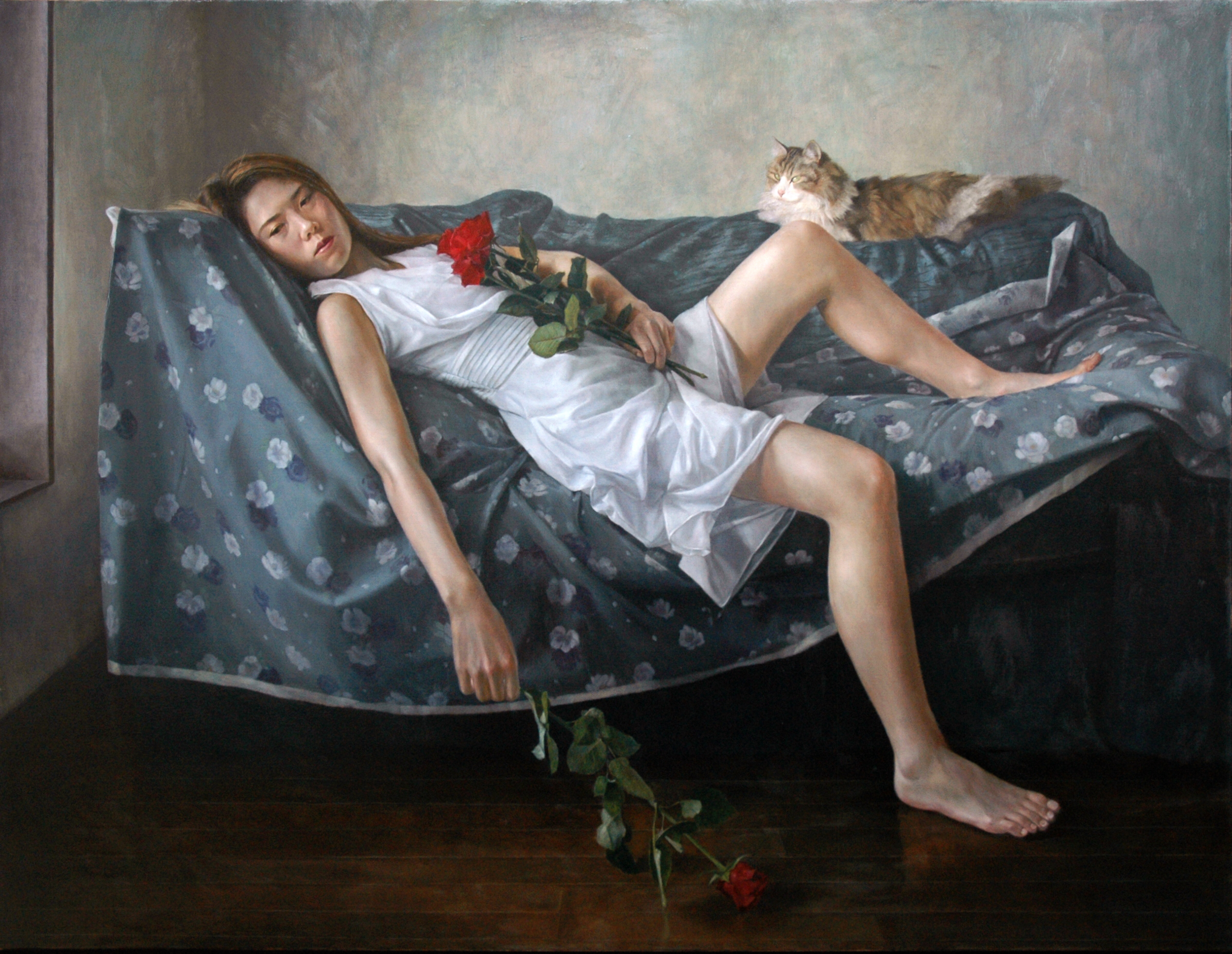 kaworu (pixiv2055), original, commentary request, highres, oil painting (medium), painting (medium), traditional media, 1girl, asian, barefoot, brown hair, cat, closed mouth, couch, dress, feet, floral print, flower, holding, holding flower, indoors, long hair, looking to the side, lying, on back, on couch, realistic, red flower, red rose, rose, sleeveless, sleeveless dress, solo, toenails, turning head, white dress, wooden floor