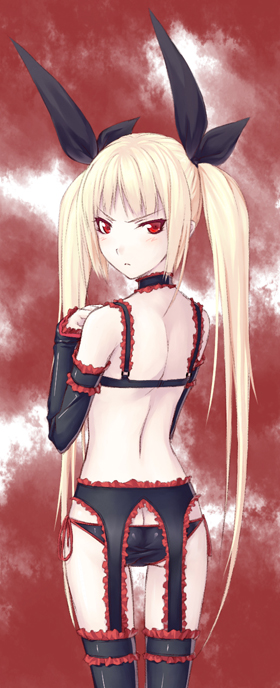nanaran, rachel alucard, arc system works, blazblue, 1girl, ass, blonde hair, bra, butt crack, detached sleeves, female focus, flat ass, frills, garter belt, hair ribbon, lingerie, long hair, looking back, ribbon, solo, thighhighs, twintails, underwear