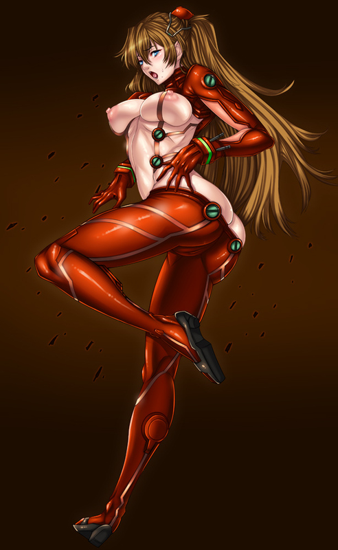 asagiri (pixiv #10372), souryuu asuka langley, evangelion: 2.0 you can (not) advance, neon genesis evangelion, rebuild of evangelion, 00s, 1girl, ass, breasts, brown hair, butt crack, cameltoe, covered erect nipples, female focus, large breasts, leg up, legs, long hair, long legs, mecha pilot suit, nipples, open mouth, plugsuit (evangelion), see-through clothes, solo, test plugsuit (evangelion), thighs