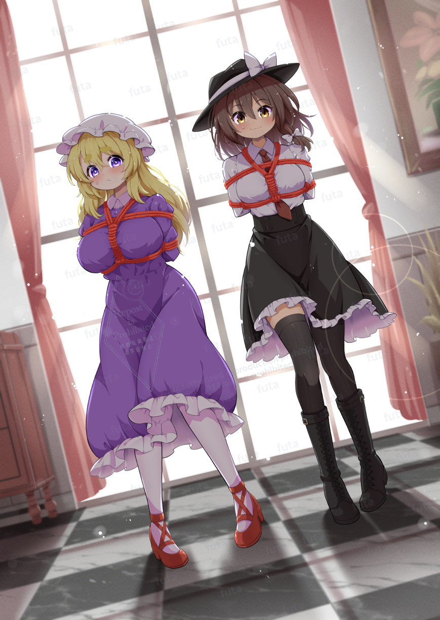 futa (nabezoko), maribel hearn, usami renko, touhou, commentary request, commission, highres, skeb commission, 2girls, arms behind back, artist name, bdsm, black boots, black hat, black skirt, black thighhighs, blonde hair, bondage, boots, bound, bound arms, bow, brown eyes, brown hair, checkered floor, collared shirt, curtains, dress, frilled dress, frilled skirt, frills, full body, hair bow, hat, hat bow, indoors, lens flare, long hair, looking at viewer, mob cap, multiple girls, necktie, pantyhose, purple dress, purple eyes, red necktie, red shoes, shibari, shibari over clothes, shirt, shirt tucked in, shoes, skirt, thighhighs, watermark, white bow, white hat, white pantyhose, white shirt