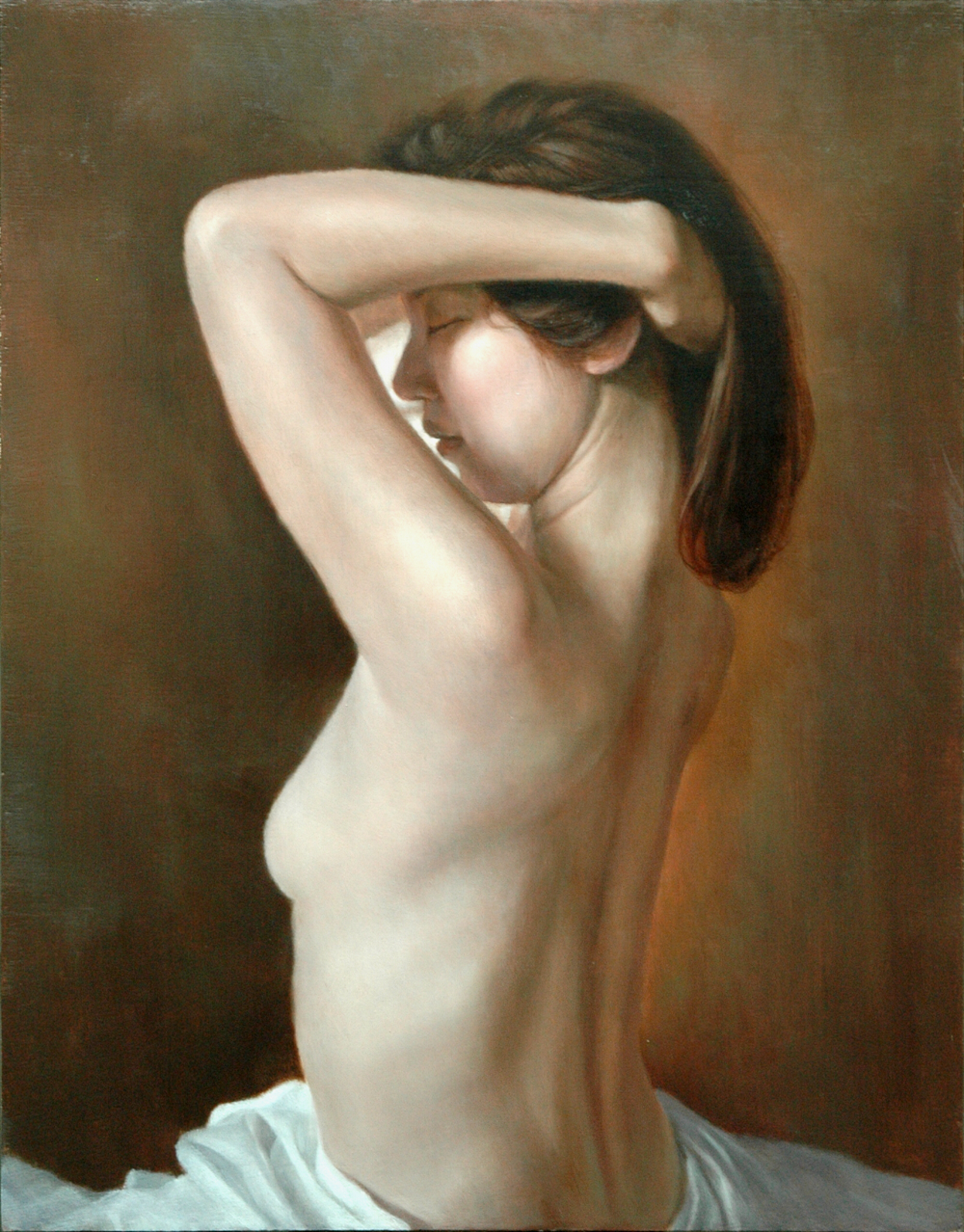 kaworu (pixiv2055), original, commentary request, highres, oil painting (medium), painting (medium), traditional media, 1girl, asian, black hair, breasts, brown background, closed eyes, closed mouth, from side, hand in own hair, hands up, median furrow, medium hair, profile, realistic, small breasts, solo, topless female, upper body