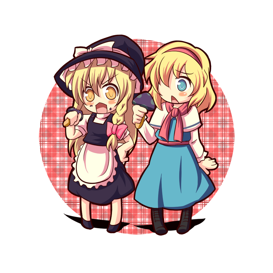 dokuta, alice margatroid, kirisame marisa, touhou, clothes, bad id, bad pixiv id, 2girls, blonde hair, blue eyes, braid, chibi, dress, eating, female focus, hair ribbon, hairband, hat, multiple girls, mushroom, open mouth, ribbon, witch, witch hat, yellow eyes