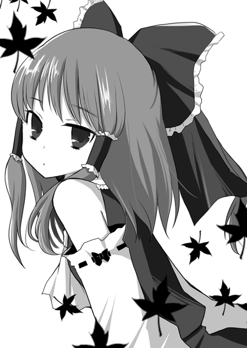 miyata waltz, hakurei reimu, touhou, bad id, bad pixiv id, 1girl, detached sleeves, female focus, greyscale, hair tubes, japanese clothes, leaf, miko, monochrome, plant, solo, white background