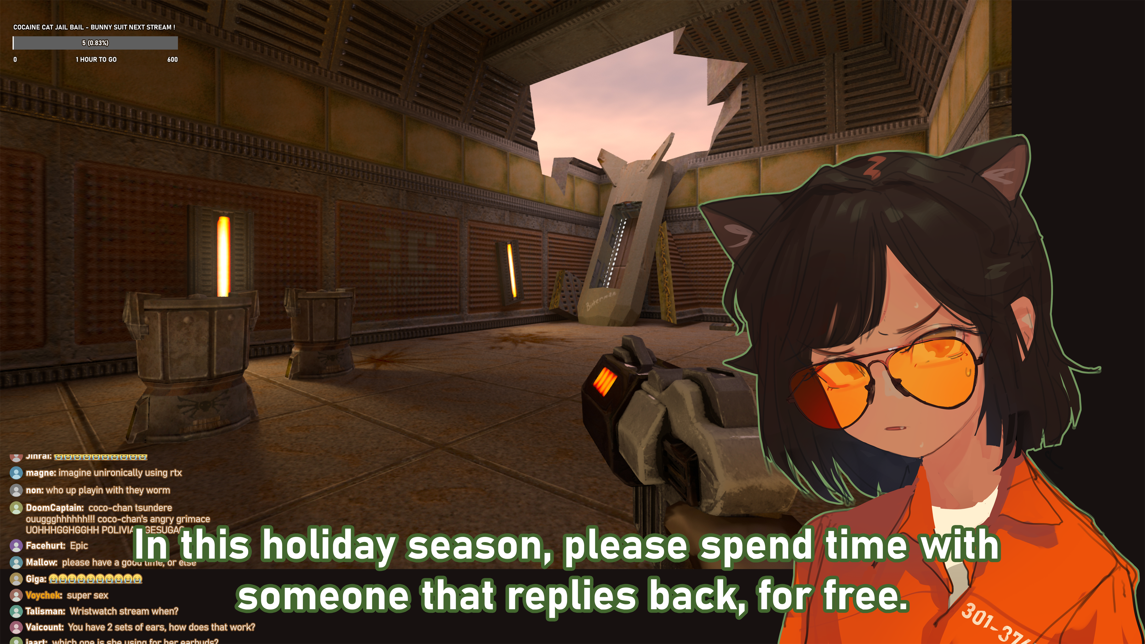 polilla, original, quake (series), quake 2, absurdres, commentary, english commentary, highres, 1girl, animal ears, cat ears, chat log, coco (polilla), english text, extra ears, fang, livestream, orange-tinted eyewear, playing games, polivia, prison, prison clothes, round eyewear, short hair, sunglasses, sweat, tinted eyewear, video game
