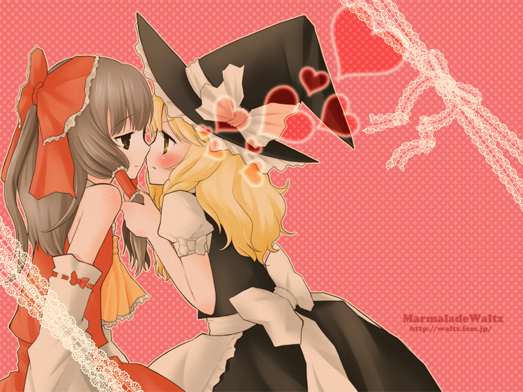 miyata waltz, hakurei reimu, kirisame marisa, touhou, bad id, bad pixiv id, 2girls, blonde hair, blush, female focus, half updo, heart, multiple girls, yuri