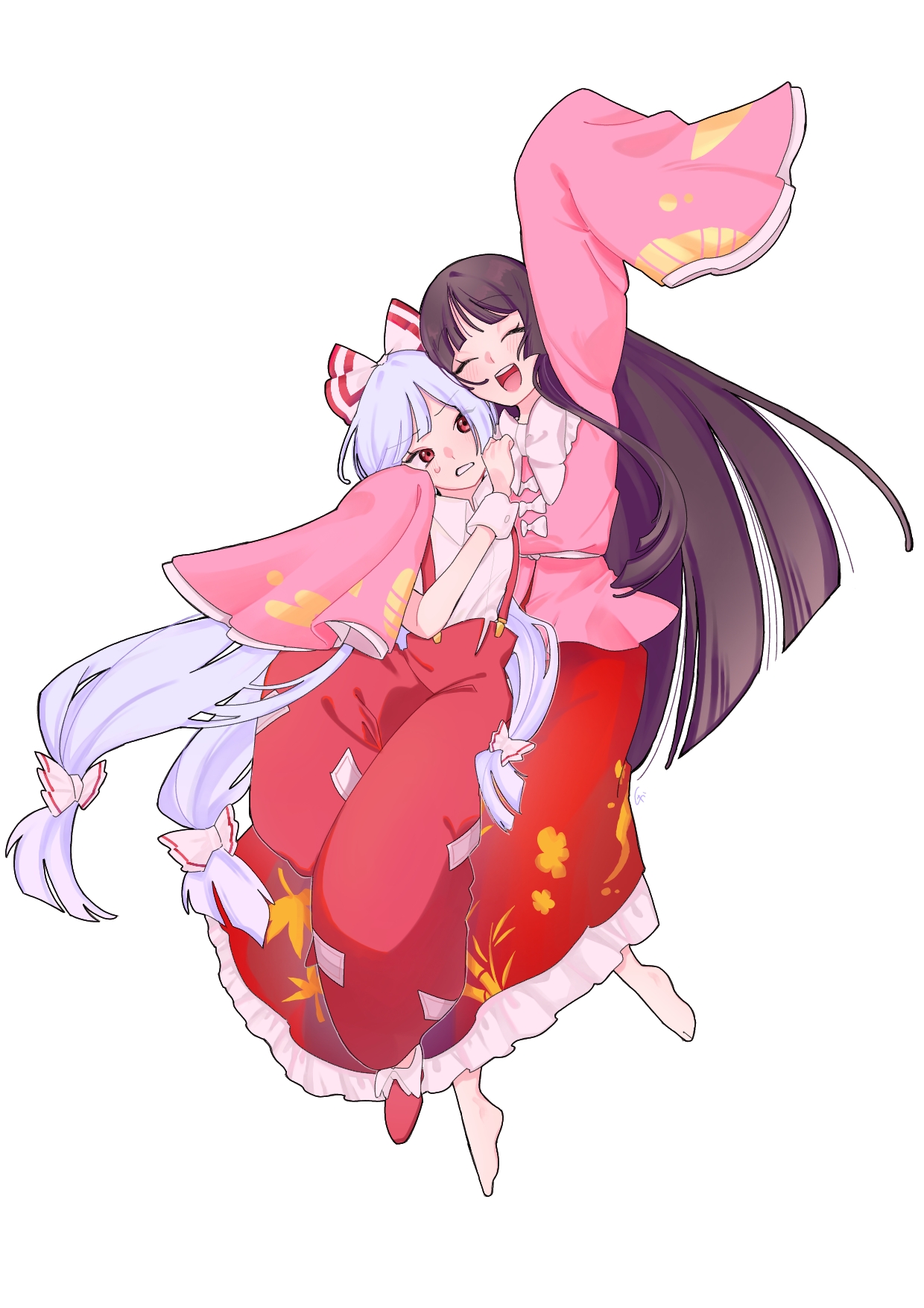 fujimugi, fujiwara no mokou, houraisan kaguya, touhou, commentary request, highres, 2girls, :d, arm around neck, arm up, bamboo print, barefoot, black hair, blush, bow, bowtie, brown hair, closed eyes, collared shirt, frilled skirt, frills, grey hair, hair bow, hime cut, hug, long hair, long skirt, long sleeves, multiple girls, multiple hair bows, ofuda, ofuda on clothes, open mouth, pants, pink shirt, print skirt, red eyes, red pants, shirt, simple background, skirt, sleeves past fingers, sleeves past wrists, smile, suspenders, sweatdrop, teeth, upper teeth only, very long hair, white background, white bow, white bowtie, white shirt, wide sleeves, wrist cuffs