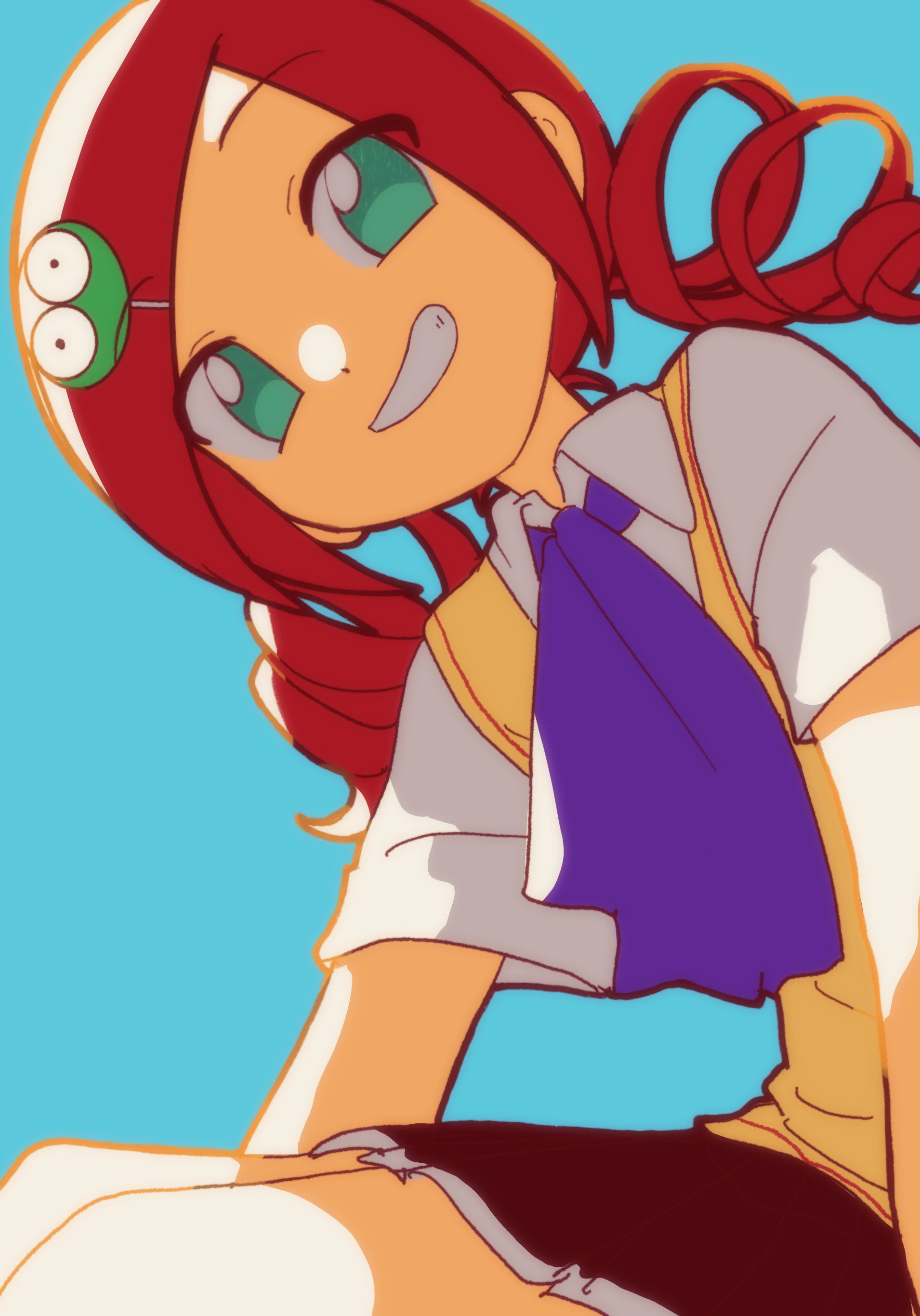 nzeneee, andou ringo, puyo (puyopuyo), puyopuyo, absurdres, commentary request, highres, 1girl, ascot, blue background, character hair ornament, collared shirt, drill hair, green eyes, hair ornament, looking at viewer, purple ascot, red hair, shirt, short sleeves, smile, solo, sweater vest, teeth, twin drills, white shirt, yellow sweater vest