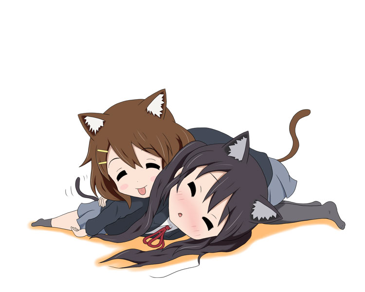 qwer, hirasawa yui, nakano azusa, k-on!, 00s, 2girls, :p, animal ears, black hair, blazer, blush, brown hair, cat ears, cat tail, closed eyes, hair ornament, hairclip, headpat, jacket, kemonomimi mode, long hair, multiple girls, pantyhose, school uniform, short hair, skirt, tail, tongue, tongue out