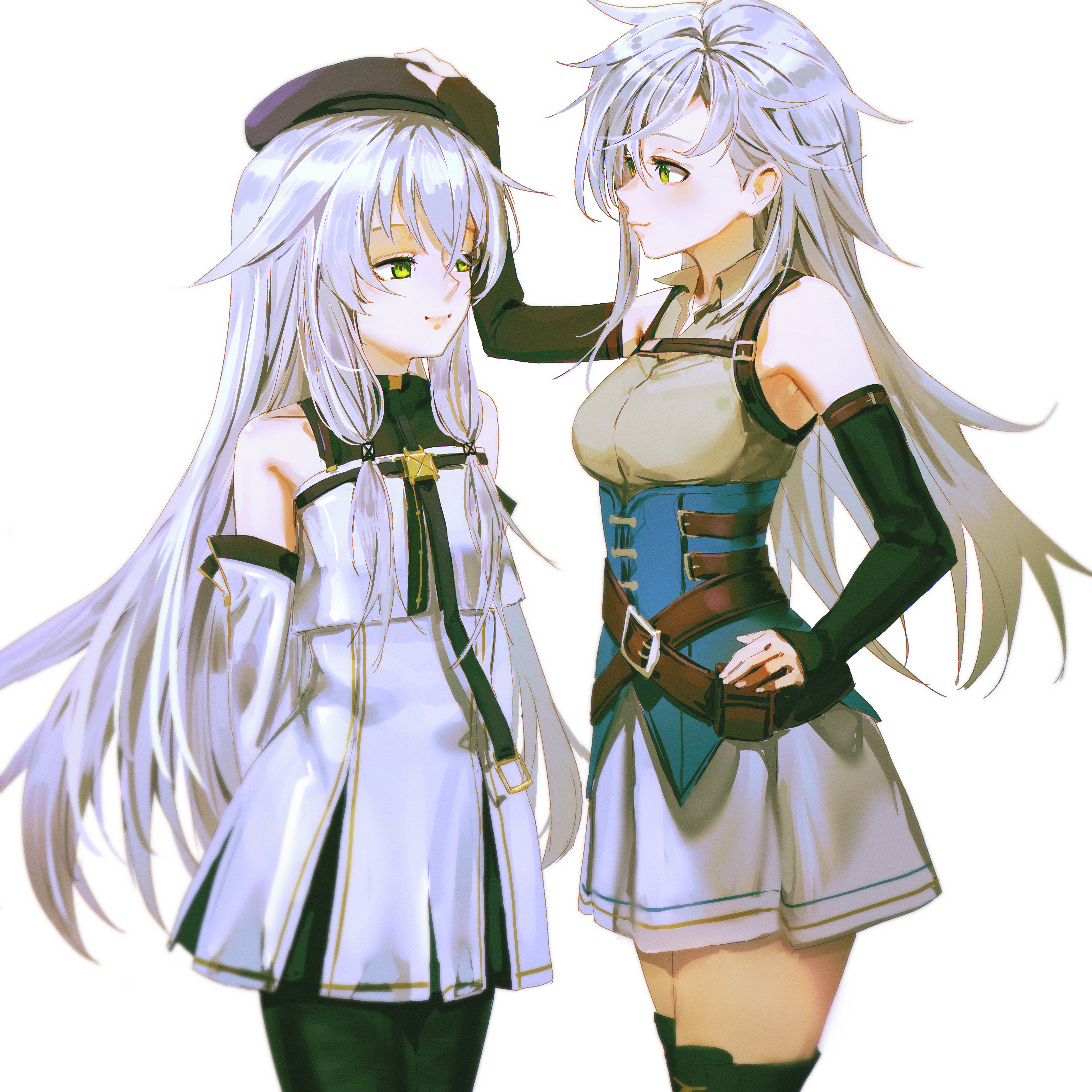 madou zakura, altina orion, fie claussell, eiyuu densetsu, kai no kiseki, kuro no kiseki (series), absurdres, commentary, english commentary, highres, 2girls, bare shoulders, beret, black pantyhose, blue corset, boots, breasts, corset, detached sleeves, dress, green eyes, hair between eyes, hair flaps, hat, headpat, long hair, miniskirt, multiple girls, pantyhose, short dress, skirt, small breasts, smile, thigh boots, very long hair, white hair