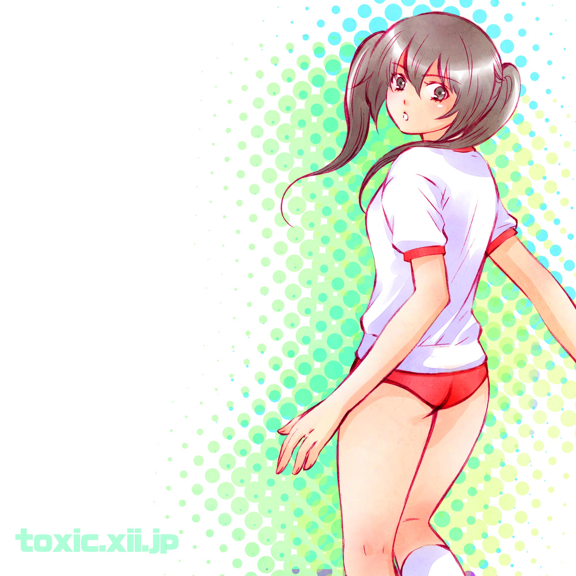 checo, minami kana, minami-ke, highres, 00s, ass, brown eyes, brown hair, buruma, gym uniform, kneehighs, long hair, looking back, socks, solo, twintails, watermark