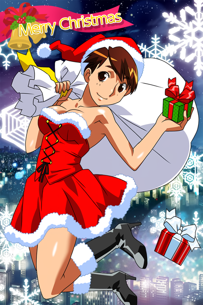 tanaka ryou, toono mizuki, super real mahjong, non-web source, official art, 1girl, bare shoulders, black boots, boots, box, breasts, brown eyes, brown hair, christmas, city, cleavage, dress, fur-trimmed boots, fur-trimmed dress, fur-trimmed headwear, fur trim, gift, gift box, hat, high heels, holding, holding gift, holding sack, medium breasts, merry christmas, outdoors, red dress, red hat, sack, santa costume, santa dress, santa hat, shiny skin, short dress, short hair, smile, snowflakes, solo