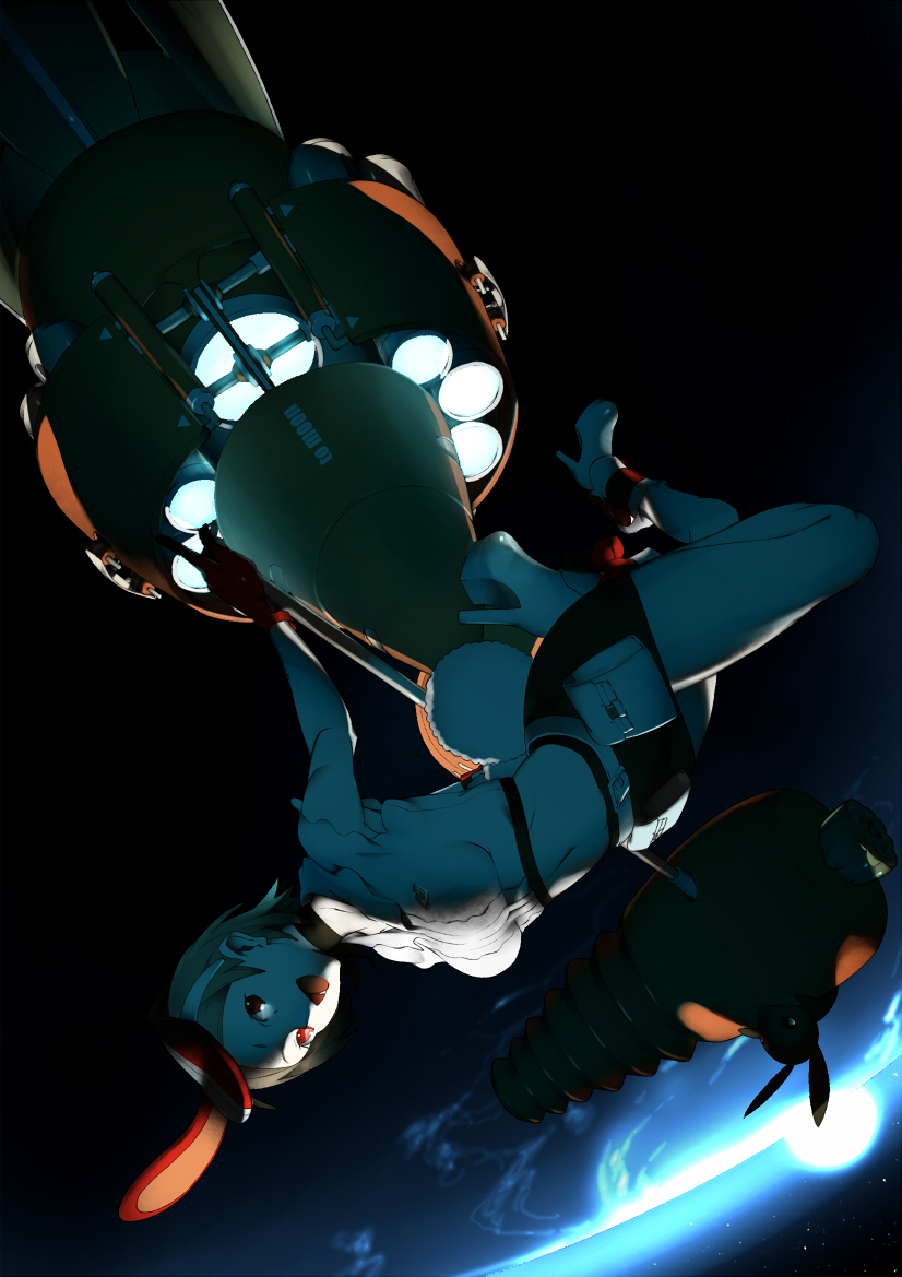 bthx, daicon bunny girl, ootsuki mina, tsukishiro mina, densha otoko, getsumento heiki miina, bad id, bad pixiv id, 00s, 1girl, animal ears, brown hair, carrot, cosplay, daicon bunny girl (cosplay), hairband, midriff, miniskirt, rabbit ears, red eyes, short hair, skirt, space