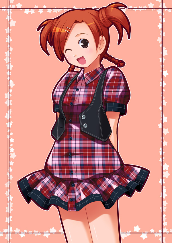 sayousuke, shiina sakurako, mahou sensei negima!, plaid, 00s, braid, brown eyes, brown hair, dress, hair ornament, hairclip, one eye closed, smile, solo, twin braids, twintails, vest, wink