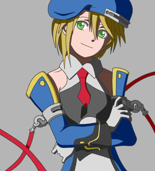 kfcxp, noel vermillion, arc system works, blazblue, 1girl, beret, blonde hair, crossed arms, female focus, gloves, green eyes, hat, military, military uniform, necktie, smile, solo