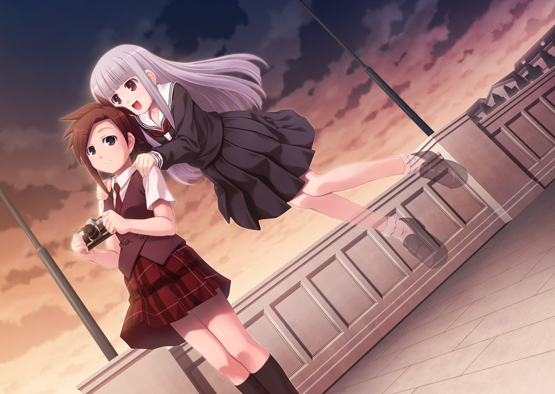sayousuke, aisaka sayo, asakura kazumi, mahou sensei negima!, silver hair, 00s, 2girls, black eyes, brown hair, camera, cloud, dutch angle, flying, ghost, hair ornament, hairclip, kneehighs, long hair, multiple girls, necktie, plaid clothes, plaid skirt, red eyes, school uniform, serafuku, skirt, sky, socks, transparent