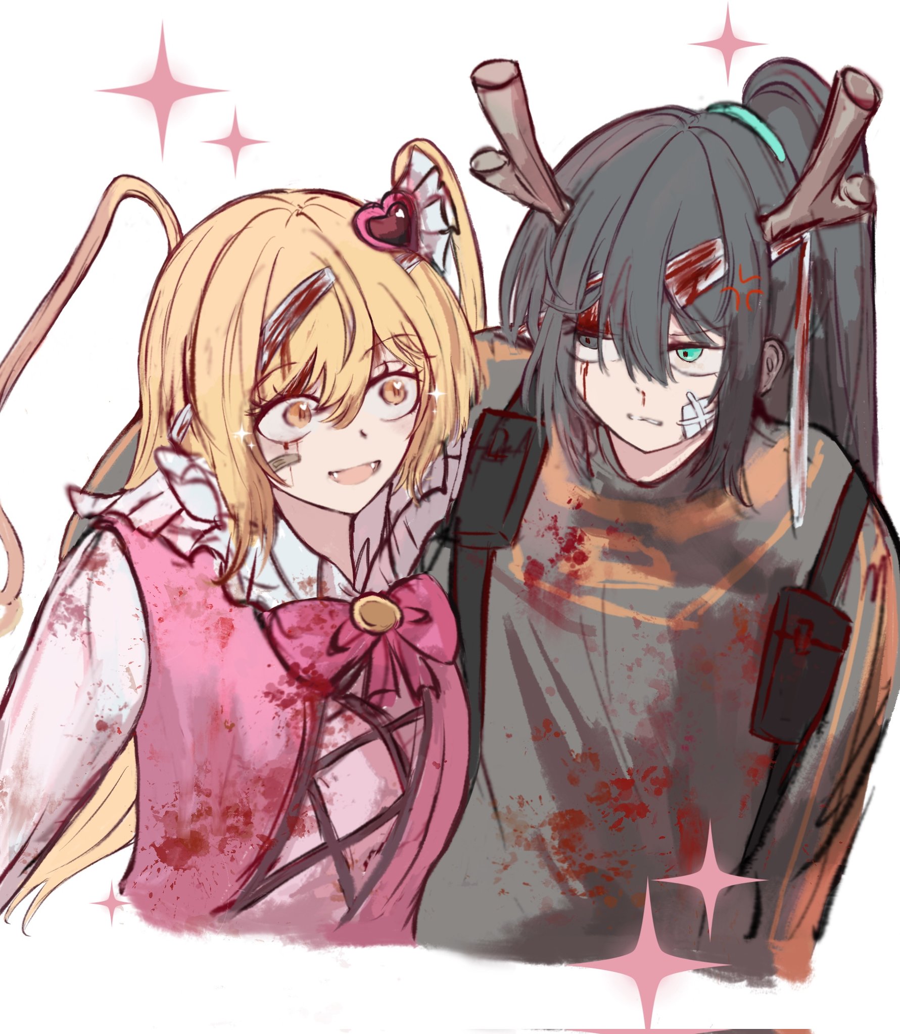 don quixote (project moon), hong lu (project moon), limbus company, project moon, highres, 1boy, 1girl, anger vein, antlers, aqua eyes, bandaid, bandaid on face, black hair, blonde hair, blood, blood on clothes, bow, eyelashes, high ponytail, horns, lobotomy corporation (identity) (project moon), long hair, looking at another, magical girl, pink bow, ponytail, r corp. (identity) (project moon), reindeer antlers, reindeer boy, rugatu to, smile, white background, wide-eyed