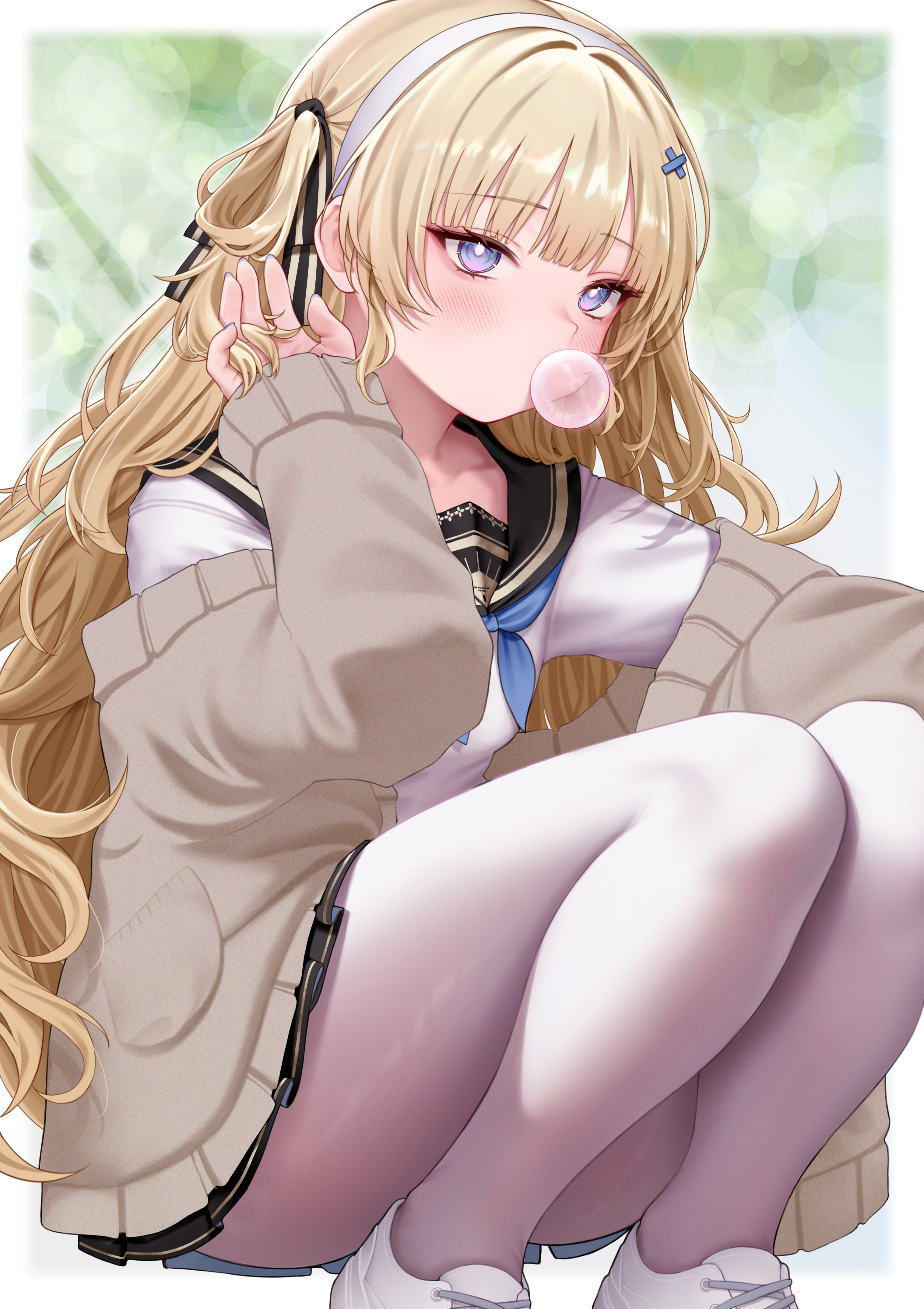 tony (tonyworkroom), phoebe (wuthering waves), wuthering waves, absurdres, commentary, highres, 1girl, alternate costume, black ribbon, black sailor collar, black skirt, blonde hair, blowing bubble gum, blue eyes, blue necktie, breasts, cardigan, chewing gum, collarbone, fingernails, grey cardigan, hair ornament, hair ribbon, hairband, hand up, light blush, long hair, looking at viewer, medium breasts, necktie, off shoulder, open cardigan, open clothes, pantyhose, ribbon, sailor collar, school uniform, serafuku, shirt, skirt, solo, squatting, white hairband, white pantyhose, white shirt, x hair ornament