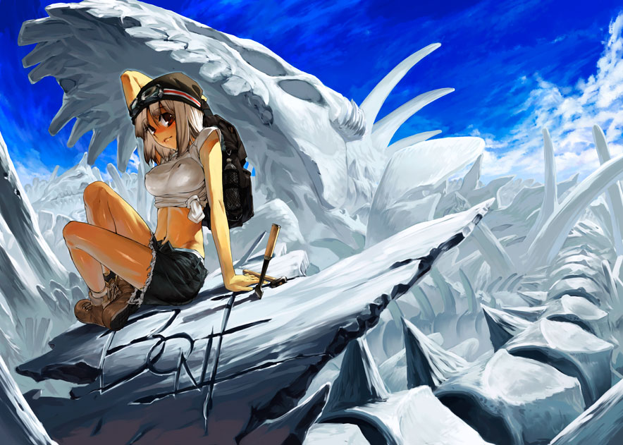 hickey (artist), original, 1girl, backpack, bag, blush, bone, boots, breasts, brown hair, chisel, covered erect nipples, denim, denim shorts, female focus, hammer, hat, midriff, randoseru, red eyes, shirt, short hair, shorts, solo, tied shirt