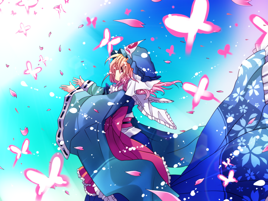 onoe junki, 01jou, saigyouji yuyuko, touhou, 1girl, bug, butterfly, female focus, hat, japanese clothes, kimono, petals, pink eyes, pink hair, short hair, solo