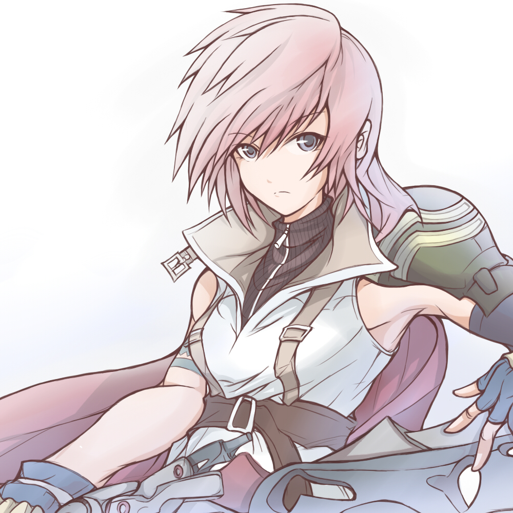 kanten328, kanten (kanten328), lightning farron, final fantasy, final fantasy xiii, bad id, bad pixiv id, 10s, 1girl, belt, blue eyes, cape, female focus, fingerless gloves, gloves, long hair, pink hair, solo