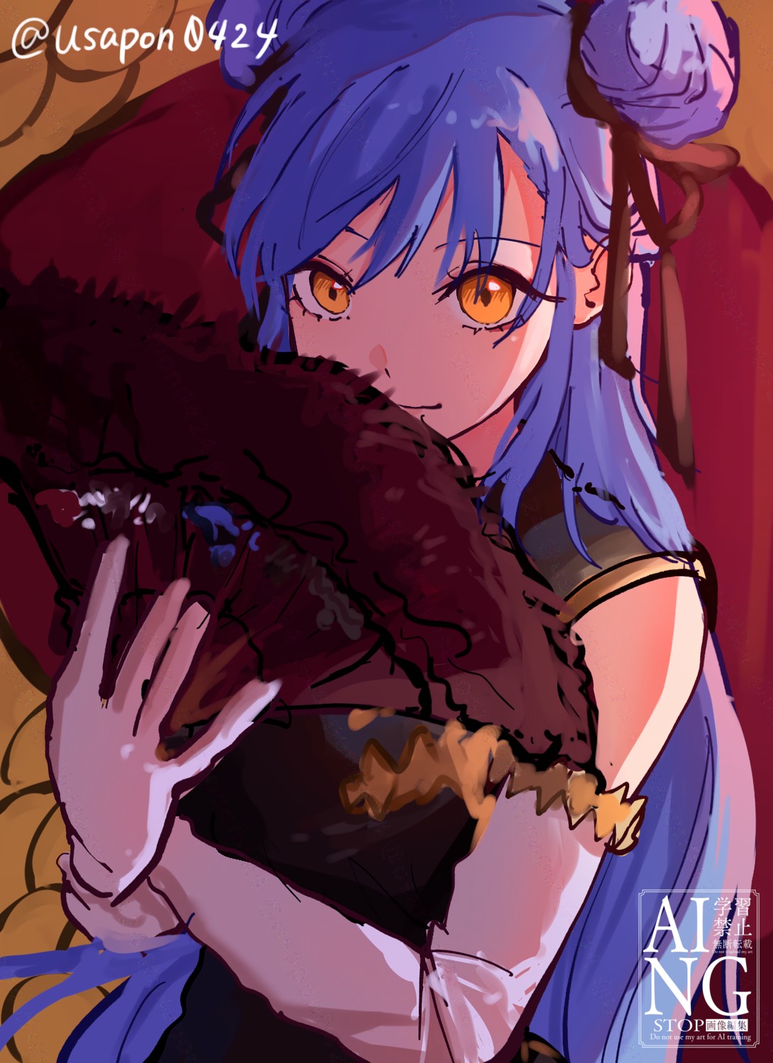 commentary request, highres, blush, hand fan, long hair, solo, yellow eyes