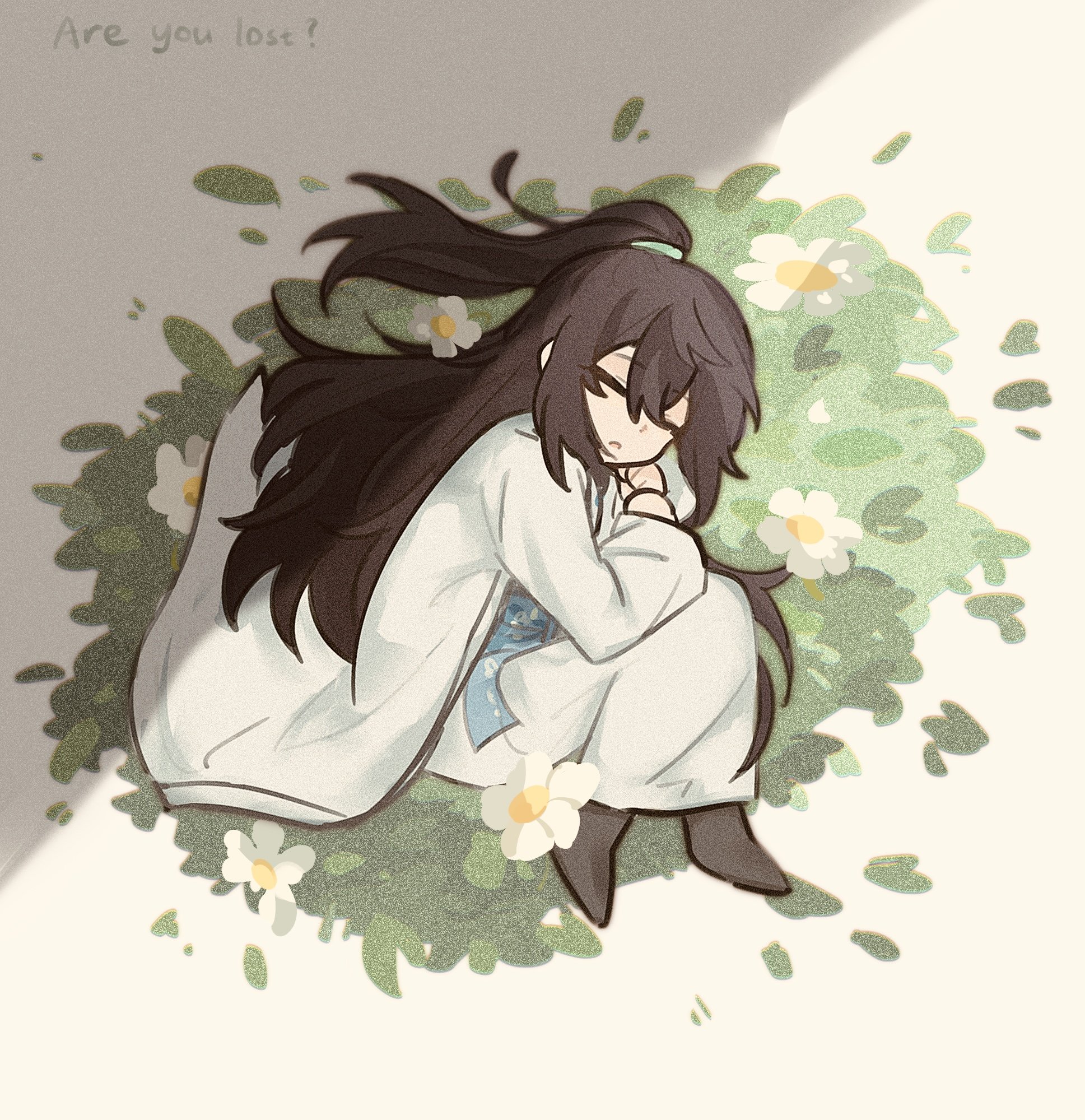 hong lu (project moon), limbus company, project moon, hashtag-only commentary, highres, 1boy, androgynous, black hair, chinese clothes, closed eyes, english text, full body, high ponytail, long hair, lying, male focus, on grass, on side, open mouth, ponytail, sleeping, solo, u2nedyqysbahhwv, very long hair