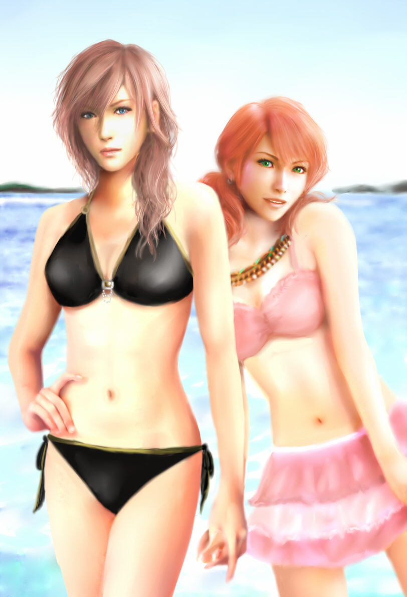 nawo, lightning farron, oerba dia vanille, final fantasy, final fantasy xiii, bad id, bad pixiv id, 10s, 2girls, bikini, blue eyes, day, green eyes, long hair, midriff, multiple girls, pink hair, red hair, swimsuit