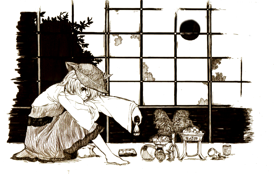 gk0, aki minoriko, touhou, bad id, bad pixiv id, 1girl, barefoot, bottle, female focus, food, hugging own legs, monochrome, moon, shouji, sitting, sketch, sliding doors, solo