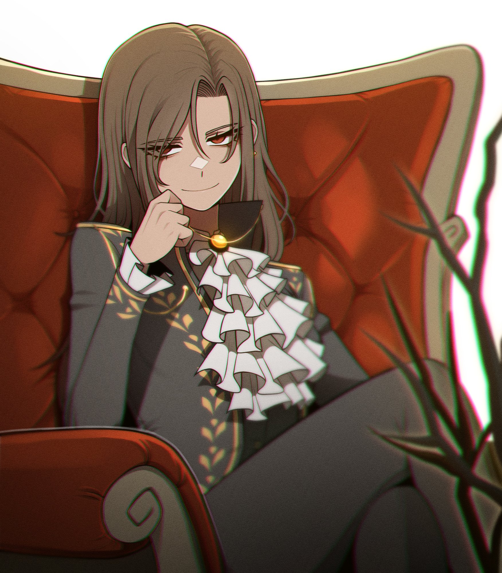 misg1111, dias (the distortion detective), project moon, highres, 1girl, ascot, black pants, brown eyes, brown hair, chair, closed mouth, dark-skinned female, dark skin, frilled ascot, frills, layered ascot, long hair, on chair, pants, sitting, smile, solo, the distortion detective