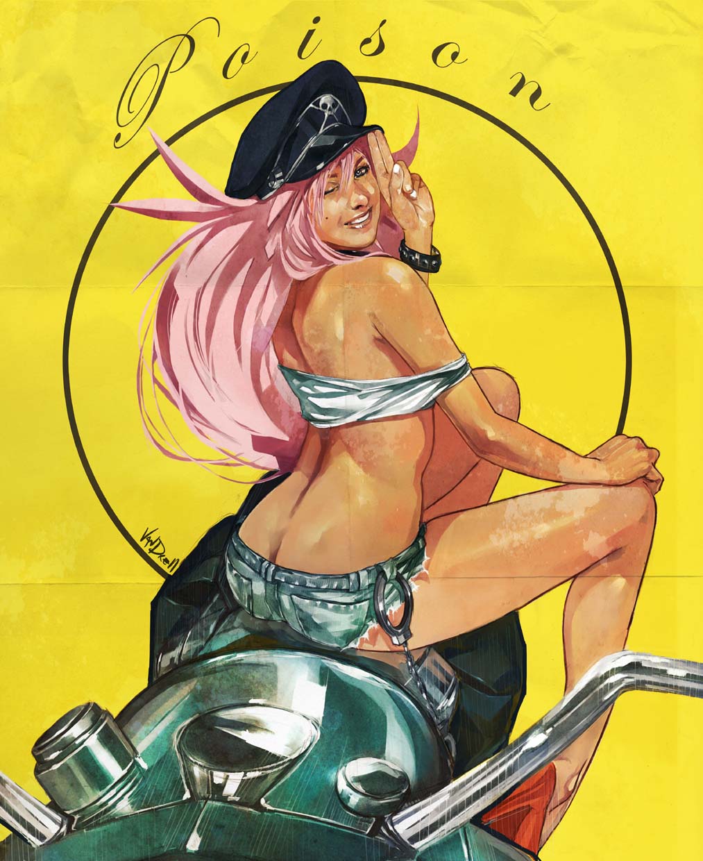 daniel oduber, poison (final fight), capcom, final fight, vehicle, highres, 1girl, ass, back, big hair, blue eyes, butt crack, cuffs, denim, denim shorts, female focus, handcuffs, hat, high heels, lips, long hair, motor vehicle, motorcycle, one eye closed, peaked cap, pink hair, pinup (style), realistic, shoes, shorts, smile, solo, wink