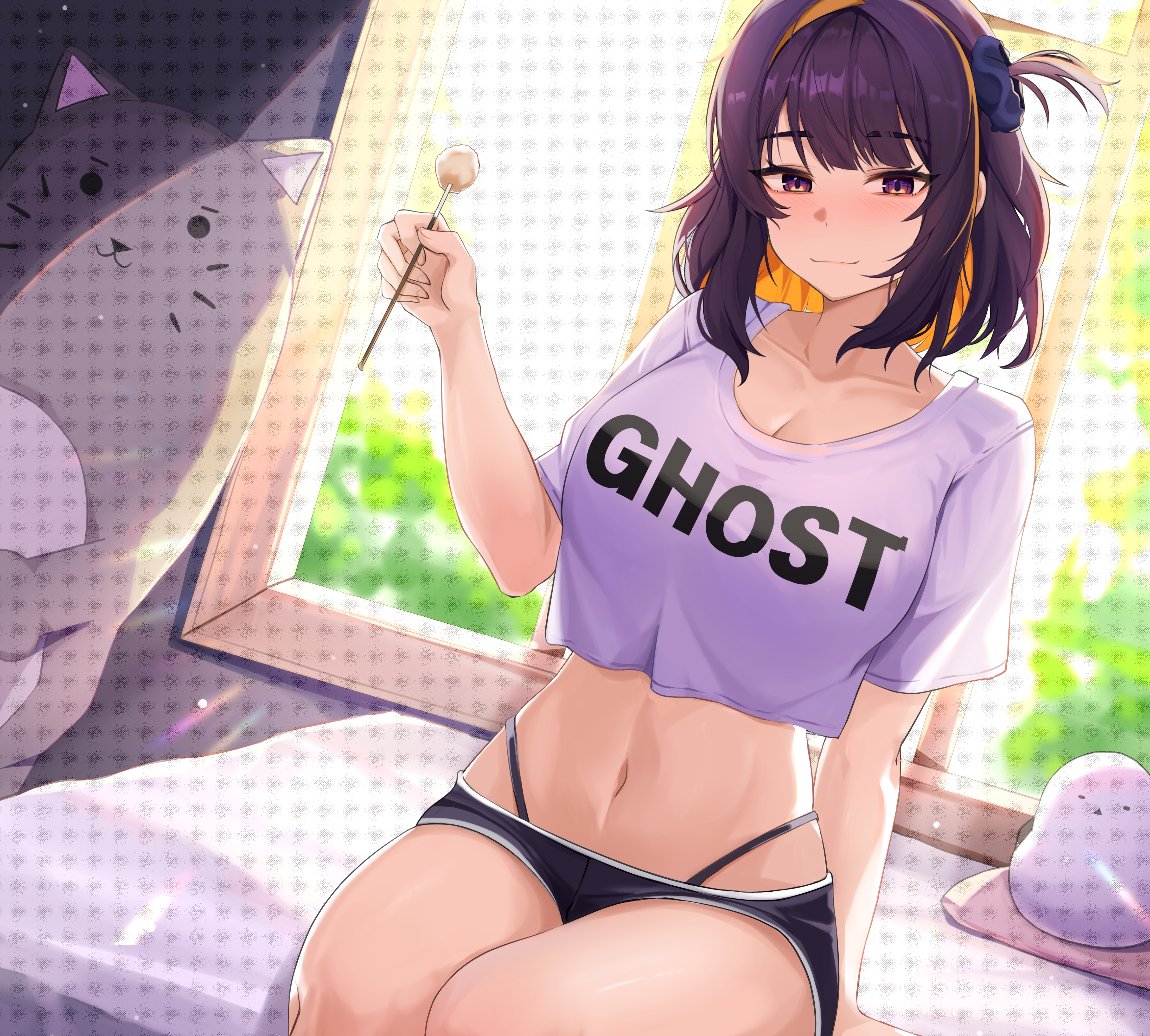 mountain range (treerootbeard), original, absurdres, commentary request, commission, highres, korean commentary, 1girl, arm support, bed, bed sheet, black shorts, blush, breasts, cleavage, closed mouth, collarbone, colored inner hair, crop top, day, dutch angle, hair ornament, hand up, highleg, highleg panties, holding, indoors, large breasts, lens flare, looking at viewer, midriff, mimikaki, multicolored hair, navel, on bed, one side up, orange hair, orange streaks, panties, panty straps, purple eyes, purple hair, purple shirt, shirt, short hair, short shorts, short sleeves, shorts, smile, solo, streaked hair, stuffed animal, stuffed cat, stuffed toy, thighs, underwear, window